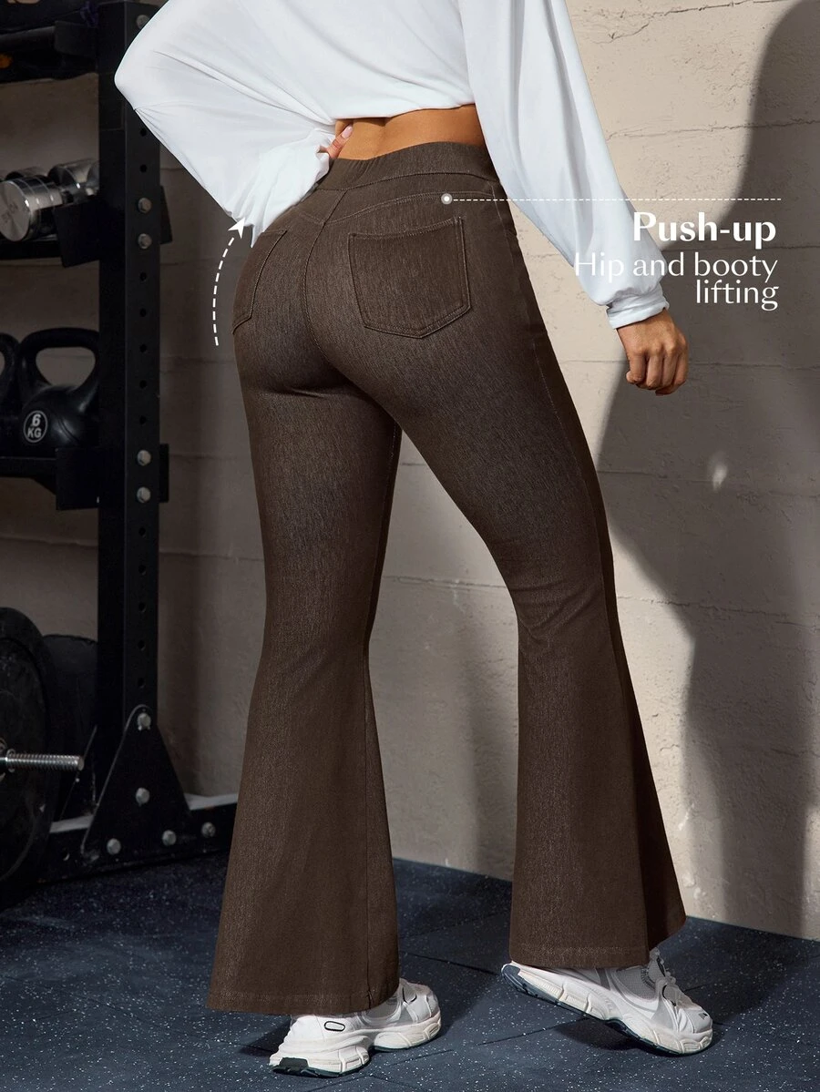 Flexra Dark Brown Casual Flared Long Pants With Wide Waistband, Elastic High Waist Fit, Hip-Hugging Slimming Design, All-Season Versatile Gym Fall Workout - Coffee Brown - View 1