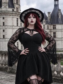 Whyspr Plus Size Autumn/Winter Punk Lace Bell Sleeve Jacket And Asymmetrical Hem Dress 2 Pieces Set Fall - Black - View 6