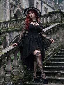 Whyspr Plus Size Autumn/Winter Punk Lace Bell Sleeve Jacket And Asymmetrical Hem Dress 2 Pieces Set Fall - Black - View 4