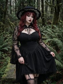 Whyspr Plus Size Autumn/Winter Punk Lace Bell Sleeve Jacket And Asymmetrical Hem Dress 2 Pieces Set Fall - Black - View 10
