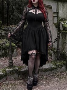 Whyspr Plus Size Autumn/Winter Punk Lace Bell Sleeve Jacket And Asymmetrical Hem Dress 2 Pieces Set Fall - Black - View 9