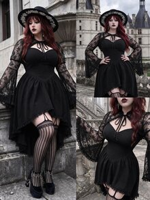 Whyspr Plus Size Autumn/Winter Punk Lace Bell Sleeve Jacket And Asymmetrical Hem Dress 2 Pieces Set Fall - Black - View 2
