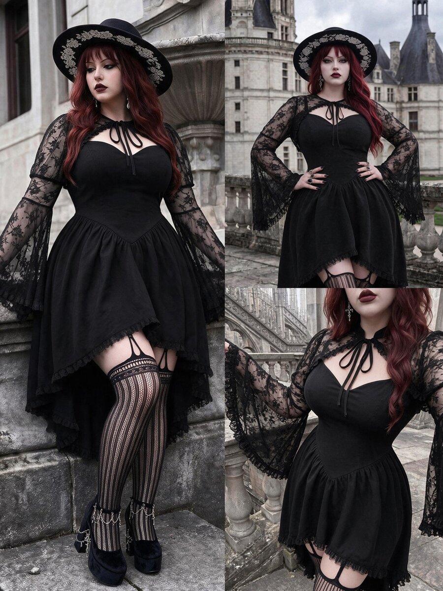 Whyspr Plus Size Autumn/Winter Punk Lace Bell Sleeve Jacket And Asymmetrical Hem Dress 2 Pieces Set Fall