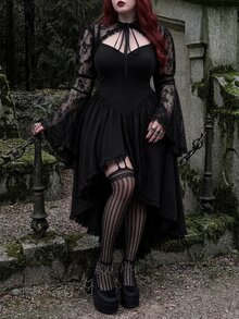 Whyspr Plus Size Autumn/Winter Punk Lace Bell Sleeve Jacket And Asymmetrical Hem Dress 2 Pieces Set Fall - Black - View 8
