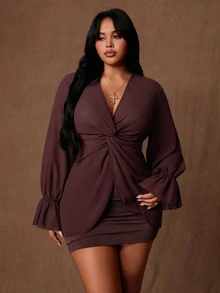 Rustia Plus Size Autumn/Winter Twisted Sheer Blouse And Ruched Mini Fitted Sexy Skirt 2 Pieces Set Fall - Coffee Brown - View 8