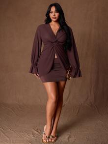 Rustia Plus Size Autumn/Winter Twisted Sheer Blouse And Ruched Mini Fitted Sexy Skirt 2 Pieces Set Fall - Coffee Brown - View 6