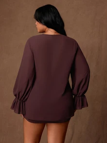 Rustia Plus Size Autumn/Winter Twisted Sheer Blouse And Ruched Mini Fitted Sexy Skirt 2 Pieces Set Fall - Coffee Brown - View 3
