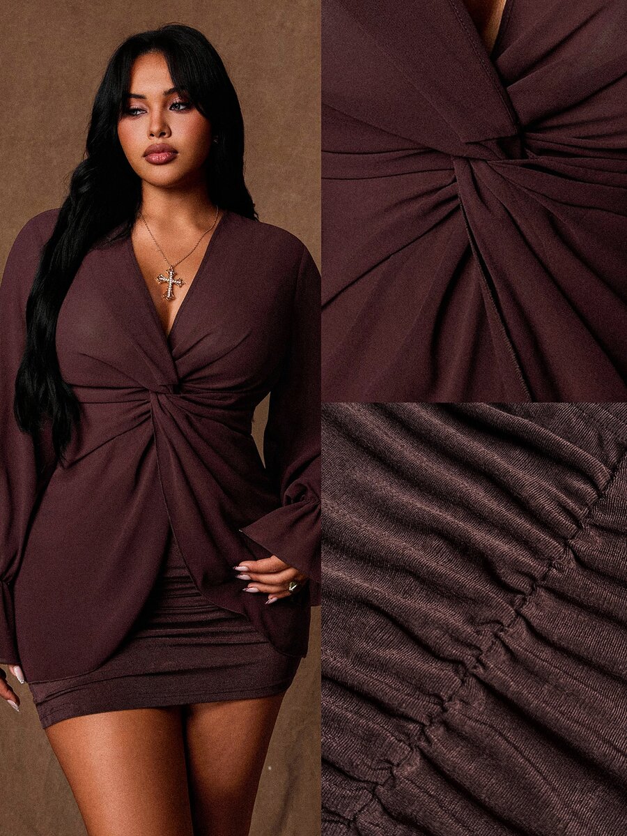 Rustia Plus Size Autumn/Winter Twisted Sheer Blouse And Ruched Mini Fitted Sexy Skirt 2 Pieces Set Fall