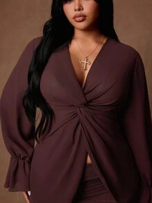 Rustia Plus Size Autumn/Winter Twisted Sheer Blouse And Ruched Mini Fitted Sexy Skirt 2 Pieces Set Fall - Coffee Brown - View 5