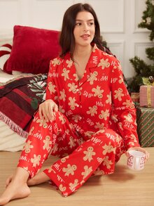 CoupledUp Women's Loose Comfortable Gingerbread Man Christmas Print Lapel Long Sleeve Pants Pajama Set - Multicolor - View 6