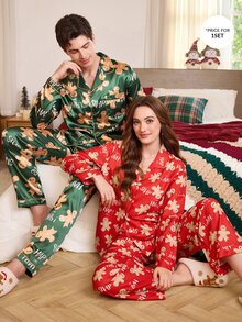 CoupledUp Women's Loose Comfortable Gingerbread Man Christmas Print Lapel Long Sleeve Pants Pajama Set - Multicolor - View 1