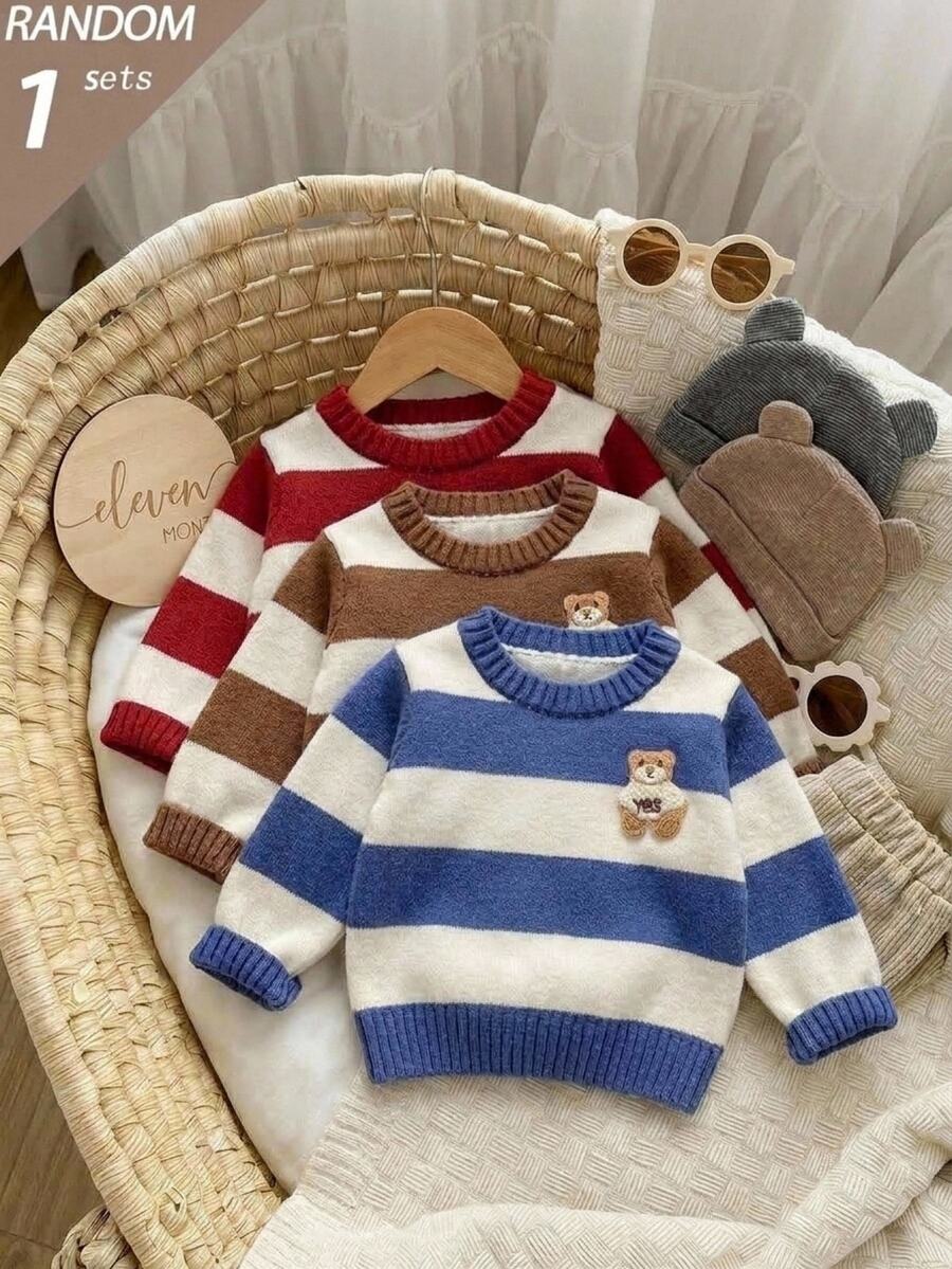 SHEIN Baby Boy's Blue-Striped Long-Sleeved Three-Dimensional Teddy Bear Pattern Sweater Gift Set. One Of The Three Sweaters Is Randomly Selected - Blue - View 1
