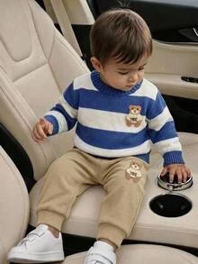 SHEIN Baby Boy's Blue-Striped Long-Sleeved Three-Dimensional Teddy Bear Pattern Sweater Gift Set. One Of The Three Sweaters Is Randomly Selected - Blue - View 3