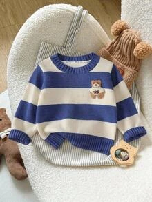 SHEIN Baby Boy's Blue-Striped Long-Sleeved Three-Dimensional Teddy Bear Pattern Sweater Gift Set. One Of The Three Sweaters Is Randomly Selected - Blue - View 10