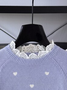 SHEIN 青少年女孩休閒套頭衫 秋季毛衣，優雅刺繡蕾絲飾邊愛心寬鬆袖套頭毛衣，柔軟舒適加厚款 - 紫色 - 查看 7