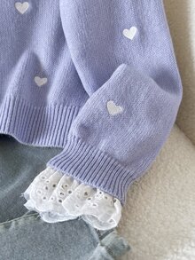 SHEIN 青少年女孩休閒套頭衫 秋季毛衣，優雅刺繡蕾絲飾邊愛心寬鬆袖套頭毛衣，柔軟舒適加厚款 - 紫色 - 查看 5