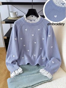 SHEIN 青少年女孩休閒套頭衫 秋季毛衣，優雅刺繡蕾絲飾邊愛心寬鬆袖套頭毛衣，柔軟舒適加厚款 - 紫色 - 查看 4