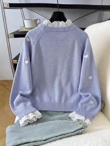 SHEIN 青少年女孩休閒套頭衫 秋季毛衣，優雅刺繡蕾絲飾邊愛心寬鬆袖套頭毛衣，柔軟舒適加厚款 - 紫色 - 查看 8