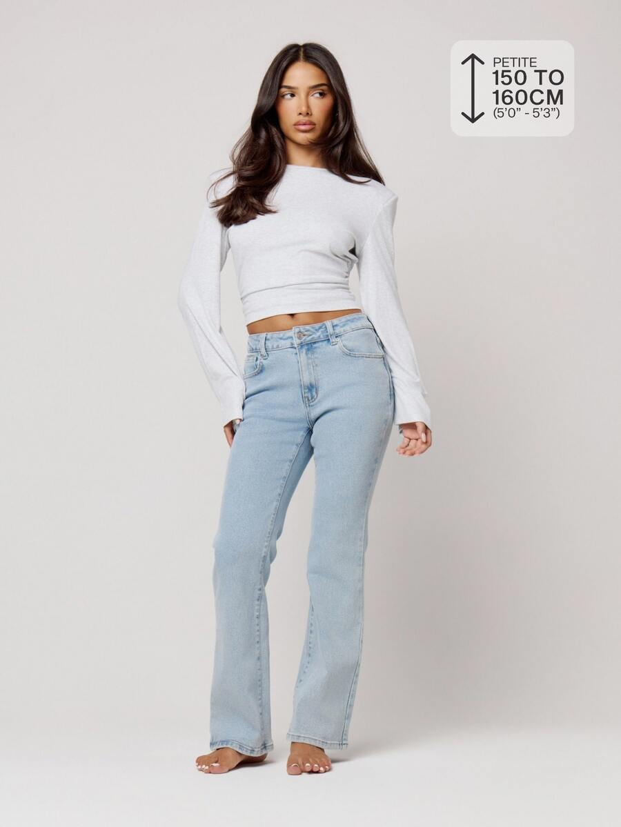 Musera Petite Fitted Low Rise Pocket Detail Bootcut Vintage Style Denim Jeans Autumn Winter Fall Daily Eveyday Core Denim - Baby Blue - View 1