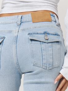 Musera Petite Fitted Low Rise Pocket Detail Bootcut Vintage Style Denim Jeans Autumn Winter Fall Daily Eveyday Core Denim - Baby Blue - View 6