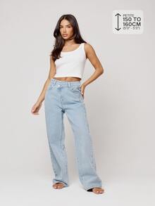 Musera Petite Asymmetric Waistband Loose Fit Mid Rise Straight Leg Fit Denim Jeans Autumn Winter Fall Daily Eveyday Core Denim - Baby Blue - View 1