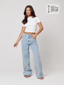 Musera Petite Mid Rise Loose Fitted Mid Rise Turned Up Hem Denim Jeans Autumn Winter Fall Daily Eveyday Core Denim - Baby Blue - View 1