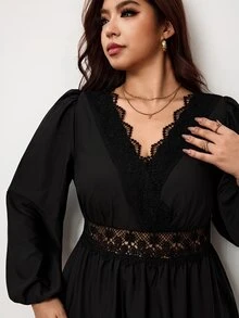 Enliva 大尺碼優雅純色蕾絲飾邊洋裝，適合秋冬蘋果型圓潤身材女性，約會之夜優雅派對穿搭 - 黑色 - 查看 8