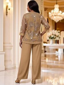 Fleurora Setelan 2 Potong Atasan Jala Prancis Ukuran Besar dan Celana Panjang Longgar untuk Pernikahan, Makan Malam Formal, Warna Beige Biru, Musim Semi, Kasual, Elegan. - Khaki - View 3