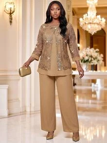 Fleurora Setelan 2 Potong Atasan Jala Prancis Ukuran Besar dan Celana Panjang Longgar untuk Pernikahan, Makan Malam Formal, Warna Beige Biru, Musim Semi, Kasual, Elegan. - Khaki - View 6