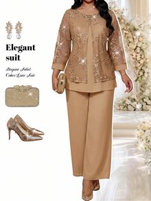 Fleurora Setelan 2 Potong Atasan Jala Prancis Ukuran Besar dan Celana Panjang Longgar untuk Pernikahan, Makan Malam Formal, Warna Beige Biru, Musim Semi, Kasual, Elegan. - Khaki - View 4