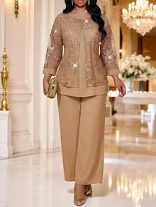 Fleurora Setelan 2 Potong Atasan Jala Prancis Ukuran Besar dan Celana Panjang Longgar untuk Pernikahan, Makan Malam Formal, Warna Beige Biru, Musim Semi, Kasual, Elegan. - Khaki - View 1