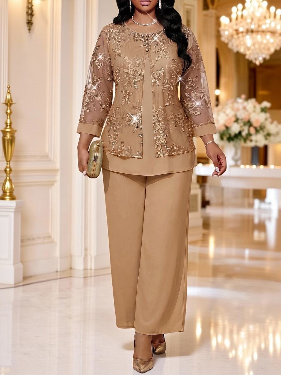 Fleurora Setelan 2 Potong Atasan Jala Prancis Ukuran Besar dan Celana Panjang Longgar untuk Pernikahan, Makan Malam Formal, Warna Beige Biru, Musim Semi, Kasual, Elegan. - Khaki - View 1