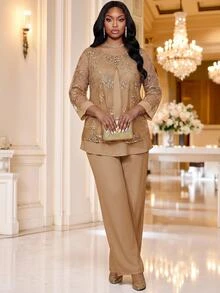 Fleurora Setelan 2 Potong Atasan Jala Prancis Ukuran Besar dan Celana Panjang Longgar untuk Pernikahan, Makan Malam Formal, Warna Beige Biru, Musim Semi, Kasual, Elegan. - Khaki - View 5