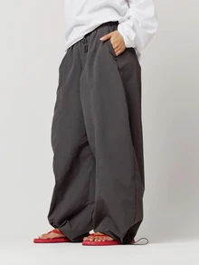 Musera Petite Elasticated Waist Nylon Parachute Trousers Autumn Winter Back To School Daily Formal Everyday Charcoal Gray Casual - Dark Grey - View 2