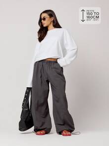 Musera Petite Elasticated Waist Nylon Parachute Trousers Autumn Winter Back To School Daily Formal Everyday Charcoal Gray Casual - Dark Grey - View 1