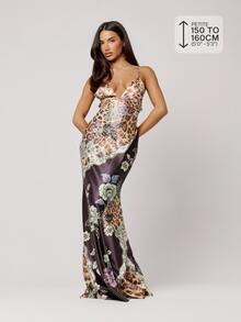 Musera Petite Animal Print Fitted Lace Up Front Cup Detail Maxi Dress Summer Daily Party Vacation Dinner Night Out Everyday Going Out Dark Brown Sexy Boho - Multicolor - View 1