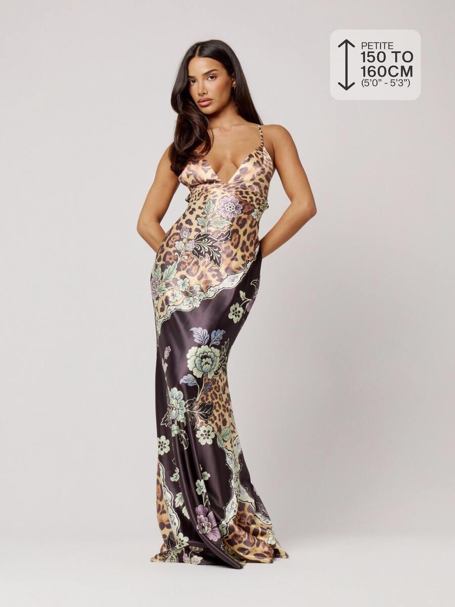 Musera Petite Animal Print Fitted Lace Up Front Cup Detail Maxi Dress Summer Daily Party Vacation Dinner Night Out Everyday Going Out Dark Brown Sexy Boho - Multicolor - View 1
