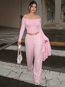 Dayanna Comas 1件女款休閒性感純色露肩長袖秋季女裝 日常白天約會穿搭 腮紅粉 - 粉色 - 查看 4