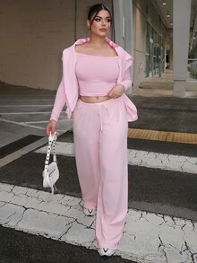 Dayanna Comas 1件女款休閒性感純色露肩長袖秋季女裝 日常白天約會穿搭 腮紅粉 - 粉色 - 查看 7