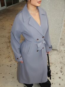 Dayanna Comas 女式纯色简约休闲长袖风衣 - 淺灰色 - 查看 3