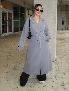 Dayanna Comas 女式纯色简约休闲长袖风衣 - 淺灰色 - 查看 1