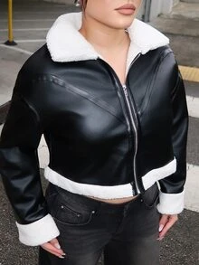 Dayanna Comas 1 件女式休闲时尚毛绒边拉链夹克，秋季 - 彩色 - 查看 4