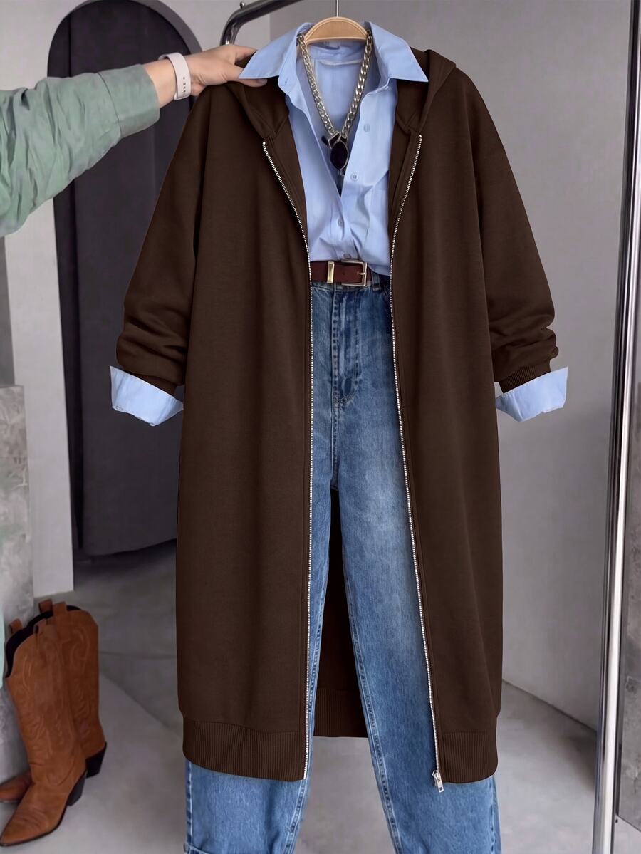 EMERY ROSE Plus Size Women's Long Sleeve Zip-Up Hooded Jacket Airport Brown Autumn Fall