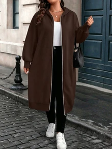 EMERY ROSE Plus Size Women's Long Sleeve Zip-Up Hooded Jacket Airport Brown Autumn Fall - Coffee Brown - View 6