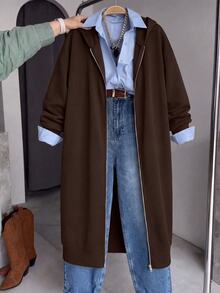 EMERY ROSE Plus Size Women's Long Sleeve Zip-Up Hooded Jacket Airport Brown Autumn Fall - Coffee Brown - View 8