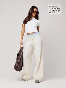 Musera Petite White Low Rise Contrast Drawstring Waistband Wide Leg Knit Trousers Fall Back To School Daily Lounge Everyday Beige Casual - Cream - View 1