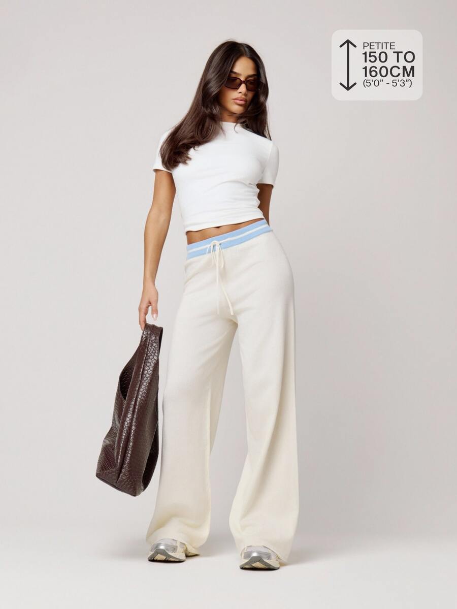 Musera Petite White Low Rise Contrast Drawstring Waistband Wide Leg Knit Trousers Fall Back To School Daily Lounge Everyday Beige Casual - Cream - View 1