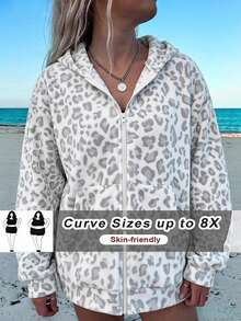 SHEIN CURVE+ Plus Size Open Front Zip-Up Washed Fabric Long Sleeve Sweatshirt Black Casual Pullover, 2026 22W - Grey - View 3