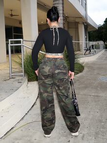 Dayanna Comas 迷彩印花抽绳阔腿裤，女士深秋休闲口袋自然直腿长绿色宽松女裤，休闲日常穿着 - 軍綠色 - 查看 2