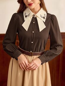 Vintamour 復古優雅女款襯衫，刺繡鈕扣、珍珠領結，適合休閒通勤度假 - 棕色 - 查看 3